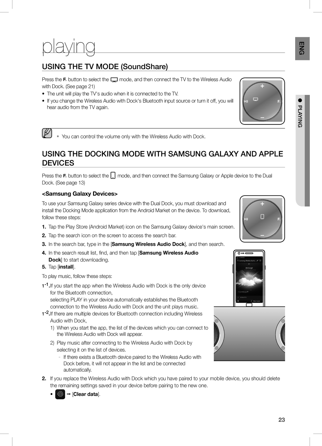 Samsung DA-E750/XE, DA-E750/EN, DA-E751/EN, DA-E750/XN manual Playing, Using tHe tV MODe soundshare, Samsung galaxy Devices 