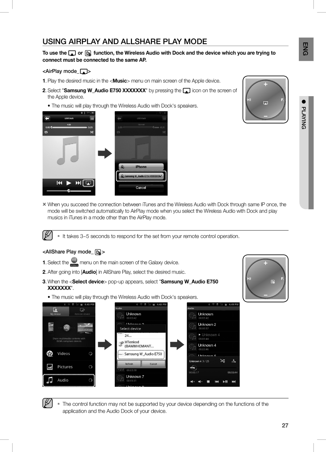 Samsung DA-E750/ZF, DA-E750/EN, DA-E751/EN, DA-E750/XN, DA-E751/XE, DA-E750/XE manual Using airPLay anD aLLsHare PLay MODe 