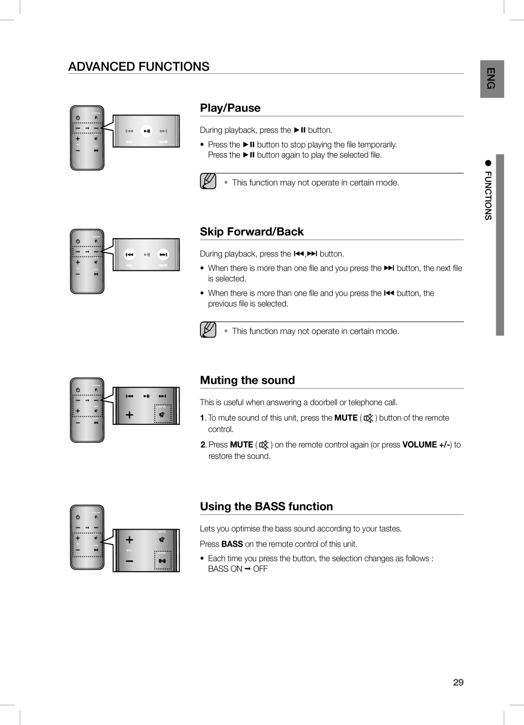 Samsung DA-E750/XE, DA-E750/EN, DA-E751/EN, DA-E750/XN manual Advanced functions, Muting the sound, Using the Bass function 