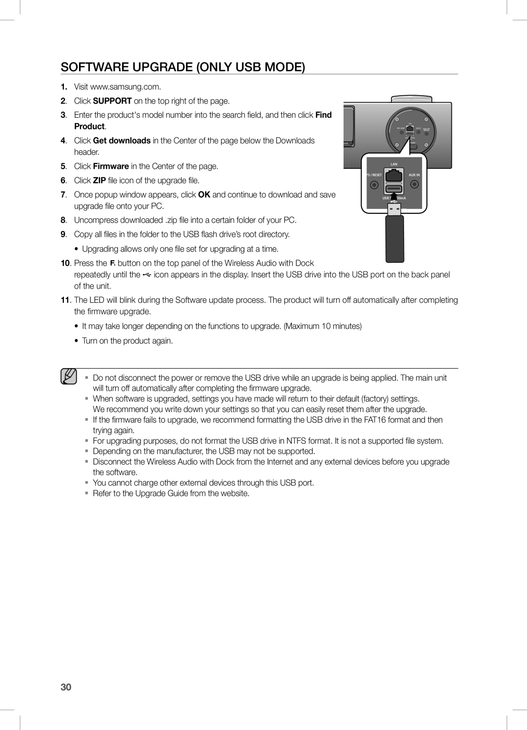 Samsung DA-E750/EN, DA-E751/EN, DA-E750/XN, DA-E750/ZF, DA-E751/XE, DA-E750/XE manual SOftWare UPgraDe OnLy UsB MODe 