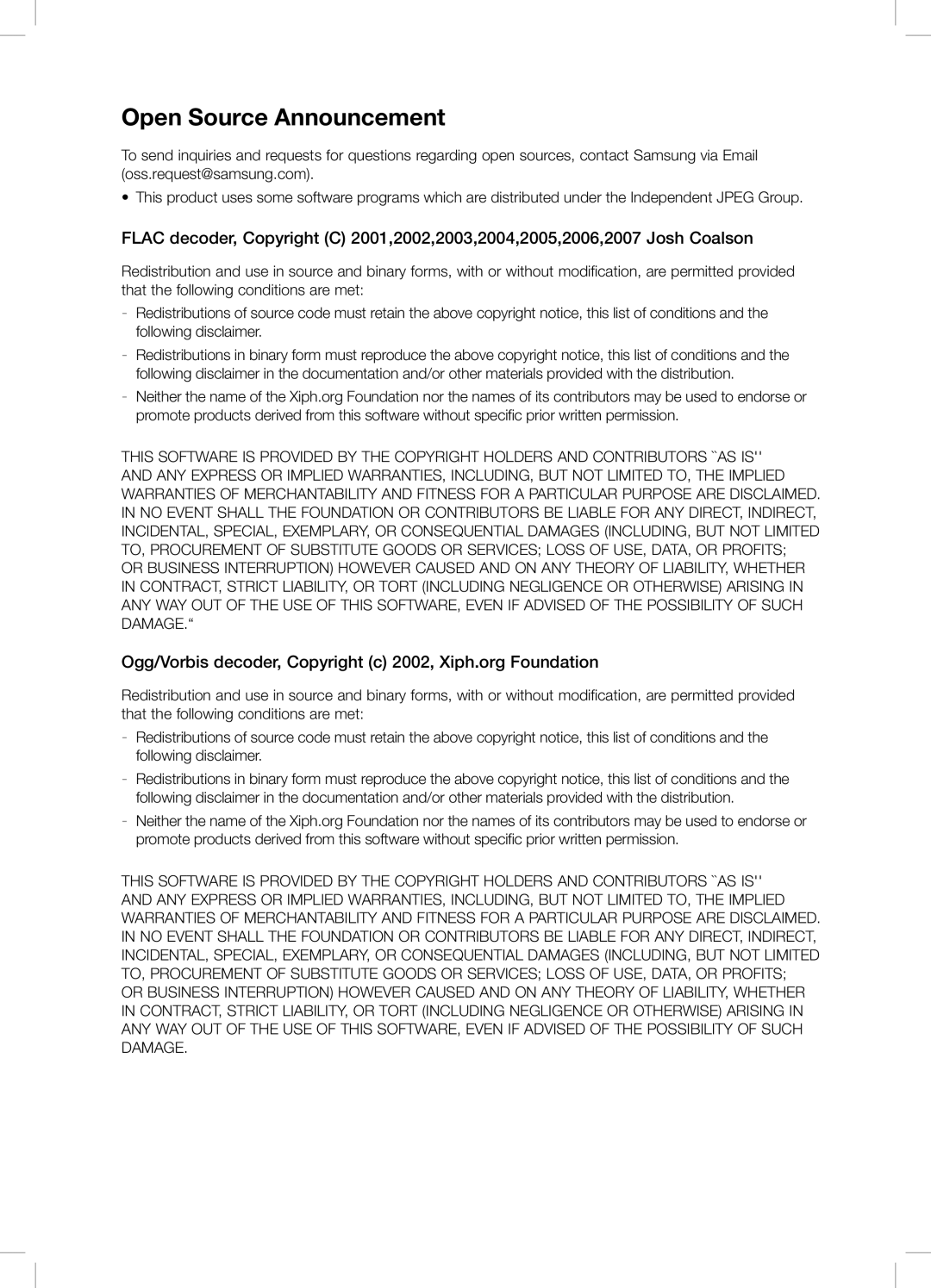 Samsung DA-E750/ZF, DA-E750/EN manual Open Source Announcement, Ogg/Vorbis decoder, Copyright c 2002, Xiph.org Foundation 