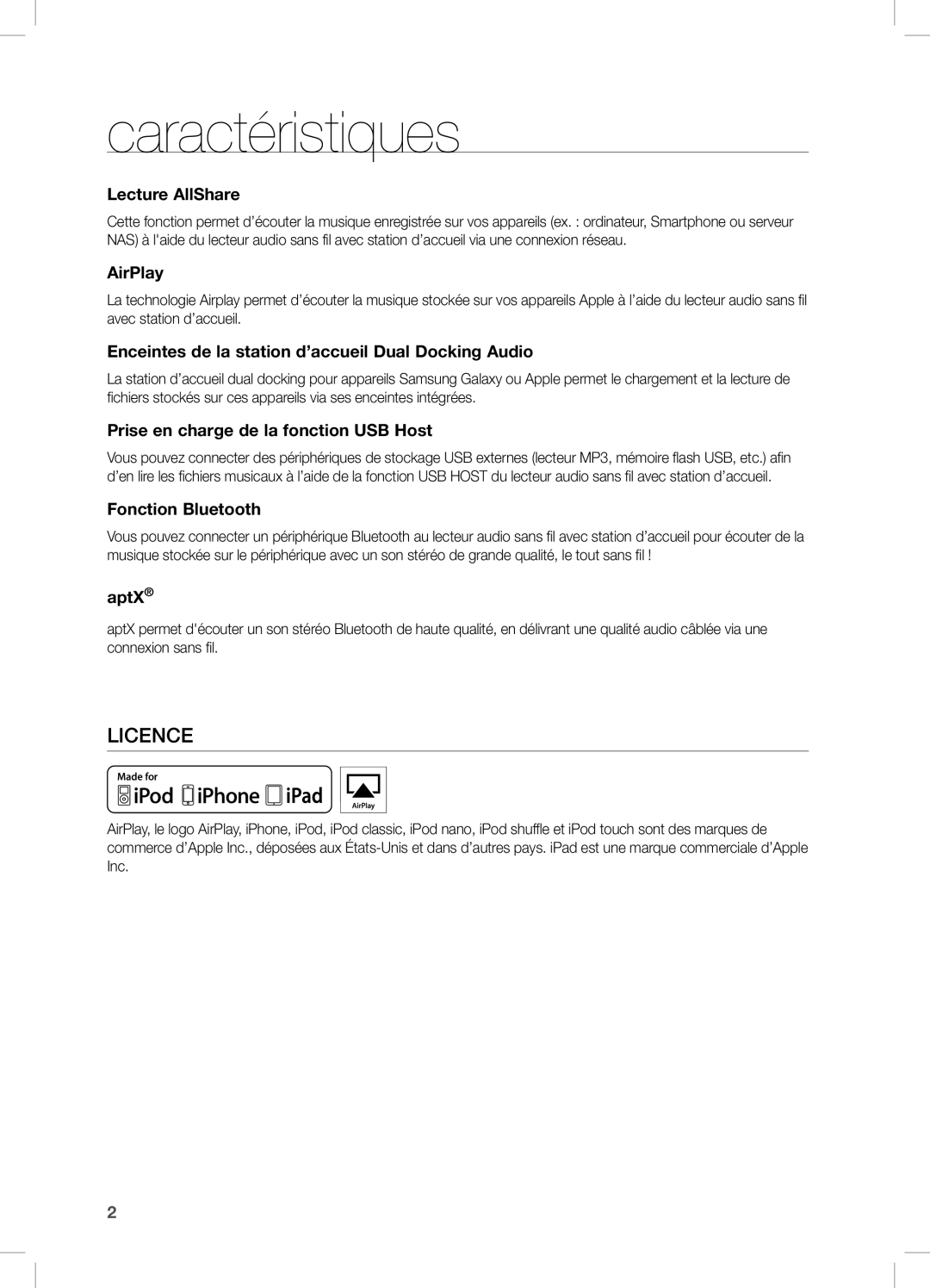 Samsung DA-E750/EN, DA-E751/EN, DA-E750/XN, DA-E750/ZF, DA-E751/XE, DA-E750/XE manual Caractéristiques, Licence 