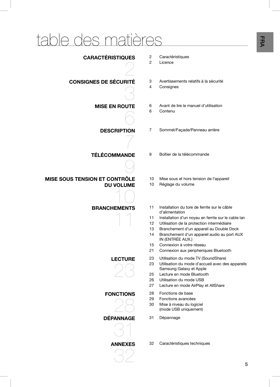 Samsung DA-E750/ZF, DA-E750/EN, DA-E751/EN, DA-E750/XN, DA-E751/XE, DA-E750/XE manual Table des matières 