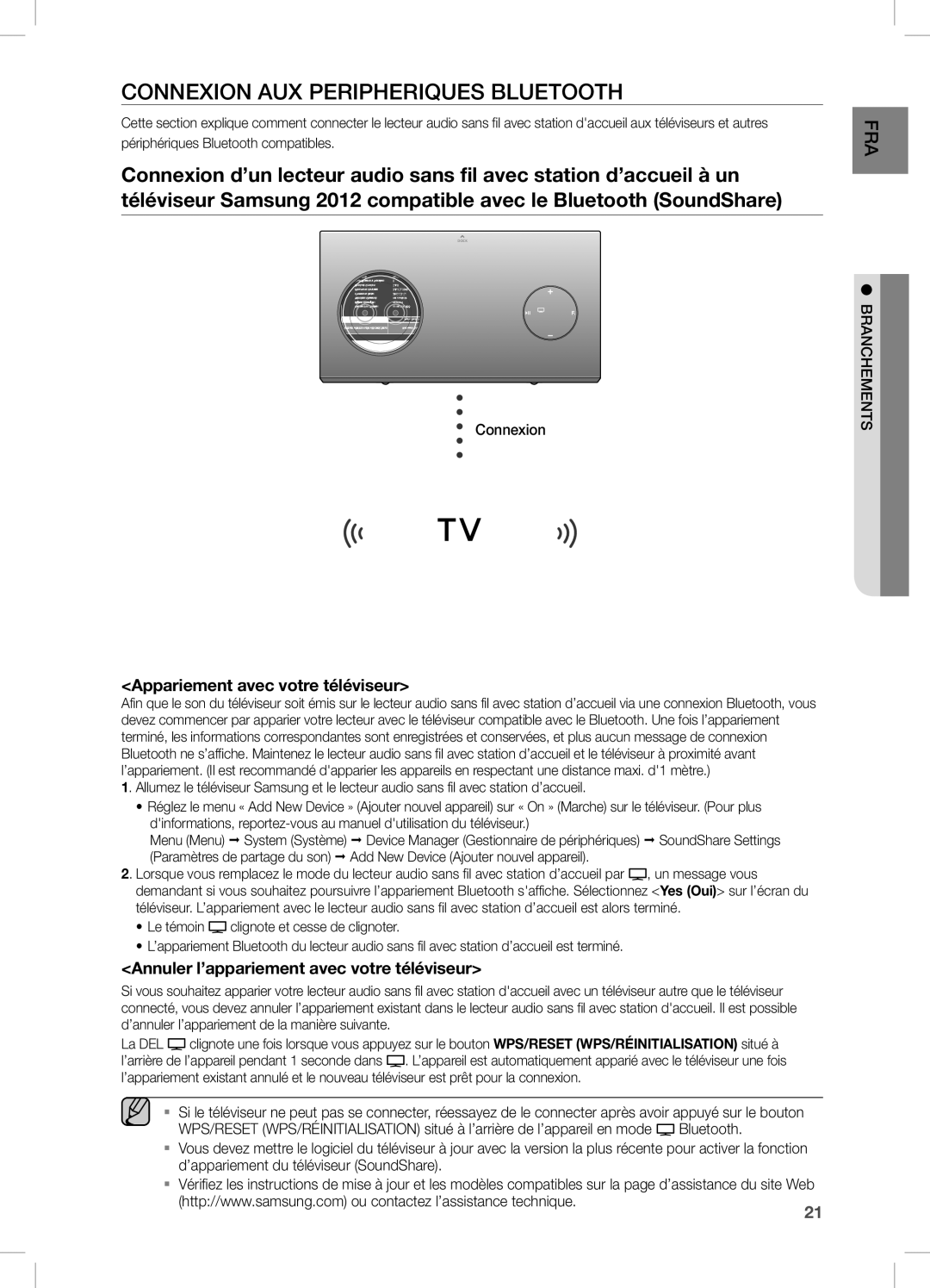 Samsung DA-E751/EN, DA-E750/EN, DA-E750/XN manual COnneXiOn AUX PeRiPHeRiQUeS BLUeTOOTH, Appariement avec votre téléviseur 