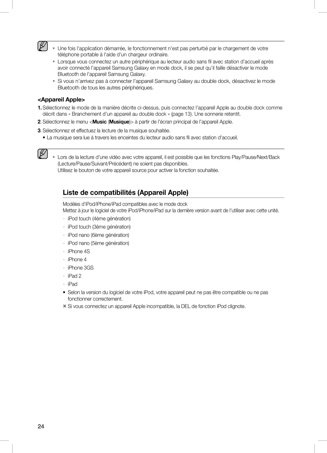 Samsung DA-E751/XE, DA-E750/EN, DA-E751/EN, DA-E750/XN, DA-E750/ZF, DA-E750/XE manual Liste de compatibilités Appareil Apple 