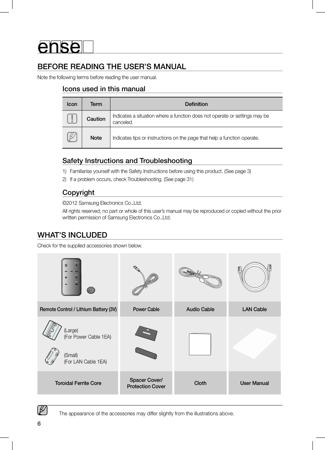 Samsung DA-E750/EN, DA-E751/EN, DA-E750/XN, DA-E750/ZF Getting started, BefOre reaDing tHe User’s ManUaL, WHat’s incLUDeD 