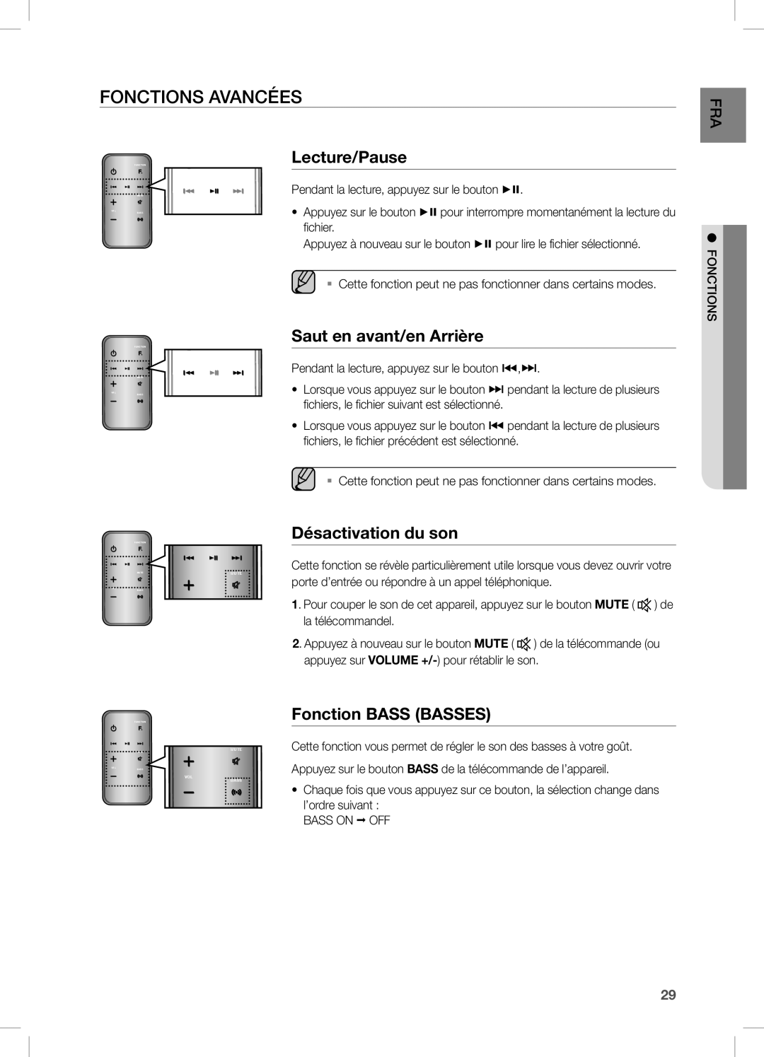 Samsung DA-E750/ZF, DA-E750/EN Fonctions Avancées, Saut en avant/en Arrière, Désactivation du son, Fonction Bass Basses 