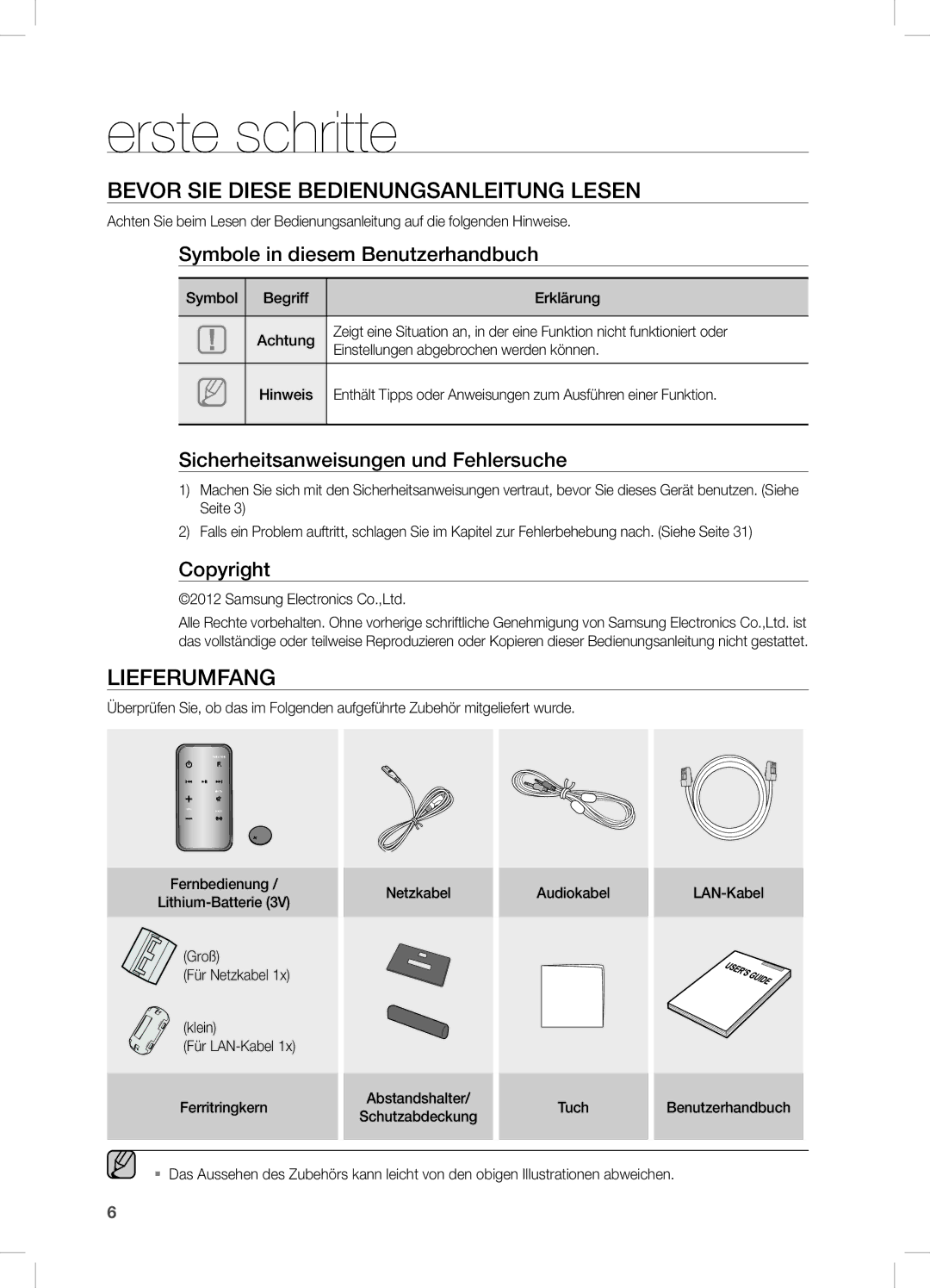 Samsung DA-E750/XN, DA-E750/EN, DA-E751/EN manual Erste schritte, BeVOR Sie DieSe BeDienUnGSAnLeiTUnG LeSen, LieFeRUMFAnG 