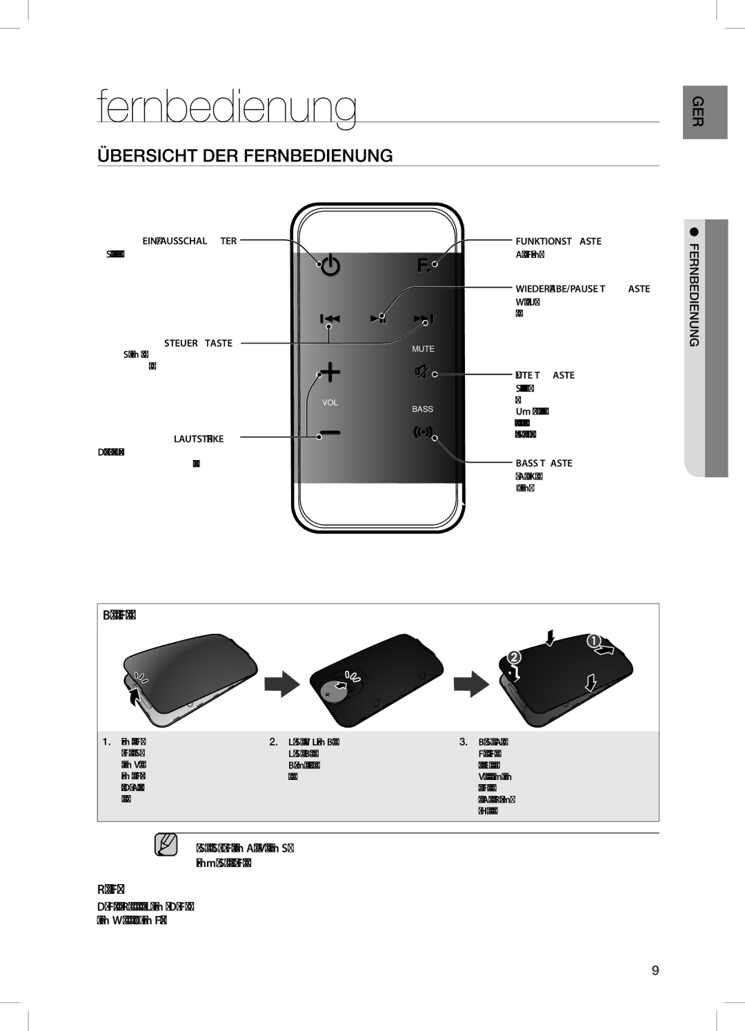 Samsung DA-E750/XE Übersicht DER Fernbedienung, Batterien in die Fernbedienung einsetzen, Reichweite der Fernbedienung 