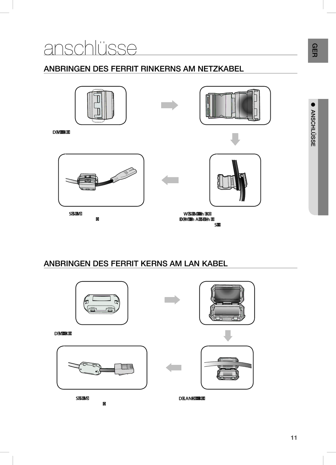 Samsung DA-E751/EN manual Anschlüsse, AnBRinGen DeS FeRRiT RinKeRnS AM neTzKABeL, AnBRinGen DeS FeRRiT KeRnS AM LAn KABeL 