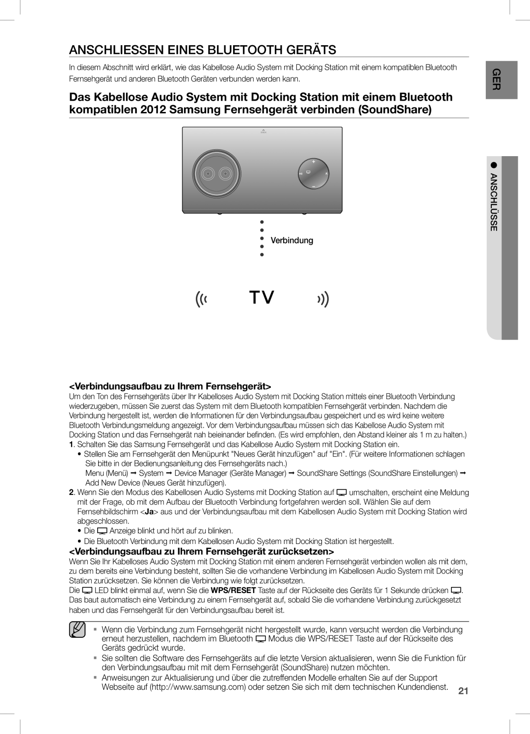 Samsung DA-E750/XE, DA-E750/EN, DA-E751/EN AnSCHLieSSen eineS BLUeTOOTH GeRÄTS, Verbindungsaufbau zu ihrem Fernsehgerät 