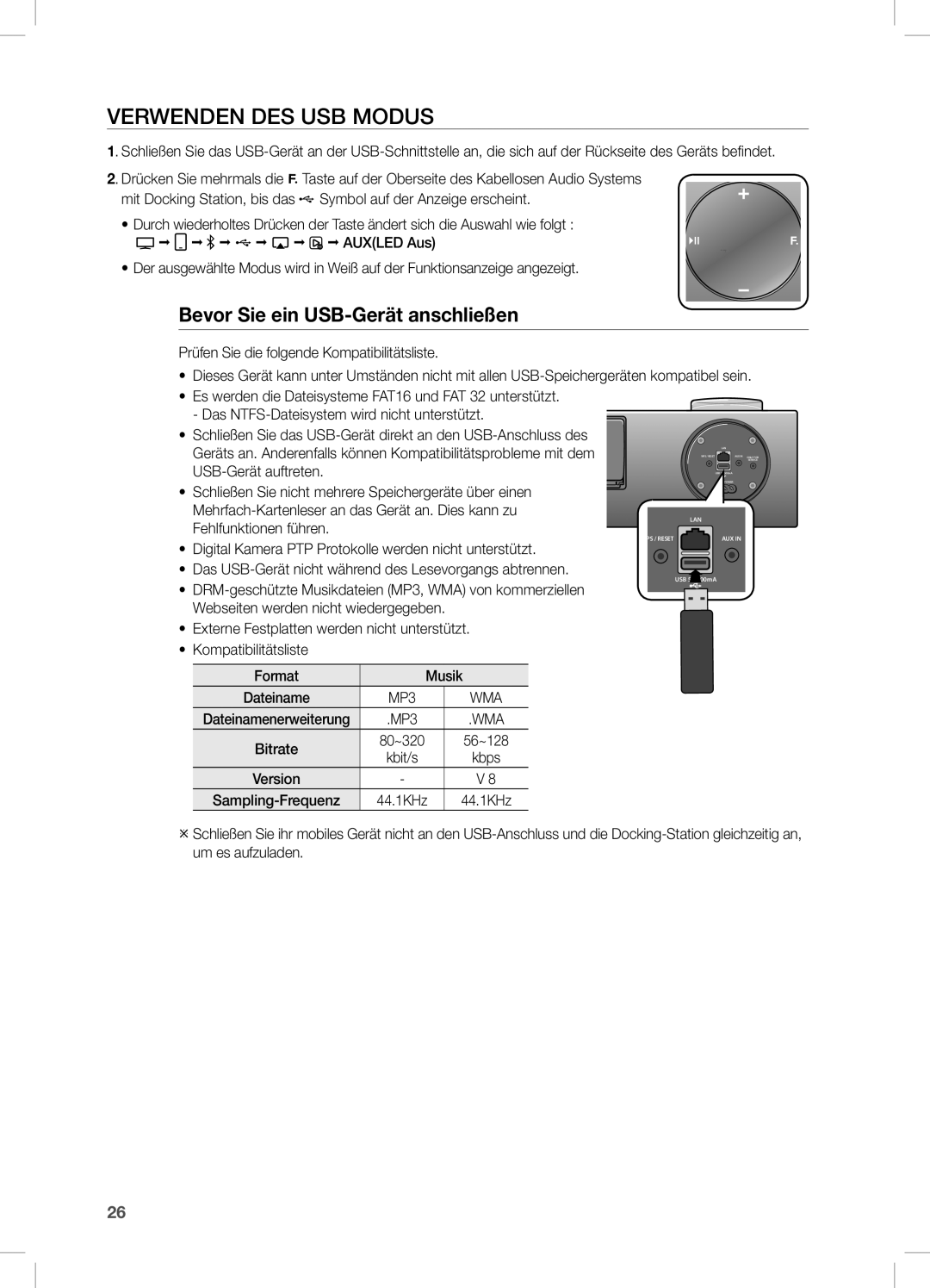 Samsung DA-E751/XE, DA-E750/EN, DA-E751/EN, DA-E750/XN manual VeRWenDen DeS USB Modus, Bevor Sie ein USB-Gerät anschließen 