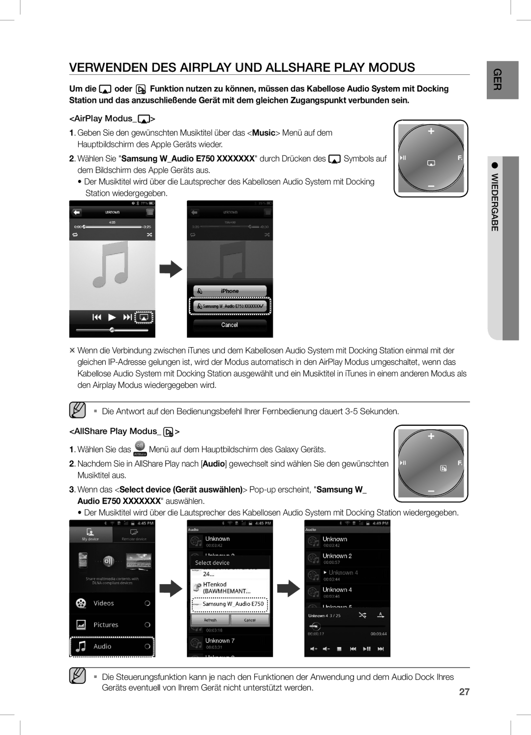 Samsung DA-E750/XE, DA-E750/EN, DA-E751/EN, DA-E750/XN, DA-E750/ZF, DA-E751/XE VeRWenDen DeS AiRPLAY UnD ALLSHARe Play Modus 