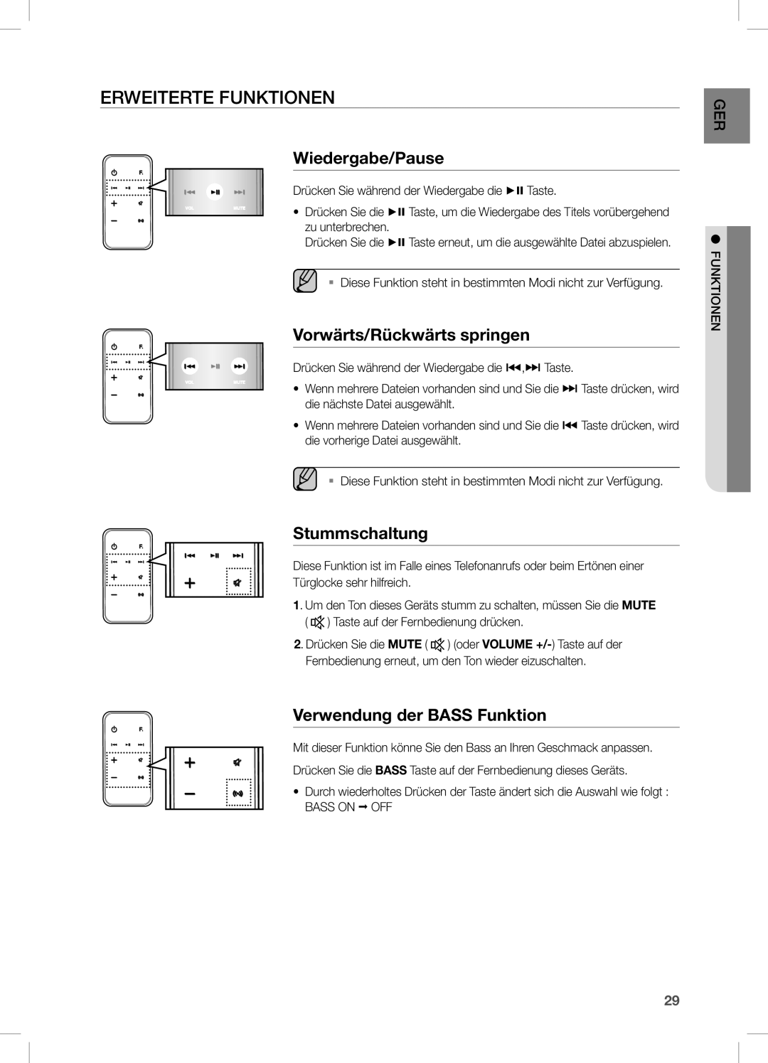 Samsung DA-E751/EN, DA-E750/EN manual Erweiterte Funktionen, Wiedergabe/Pause, Vorwärts/Rückwärts springen, Stummschaltung 