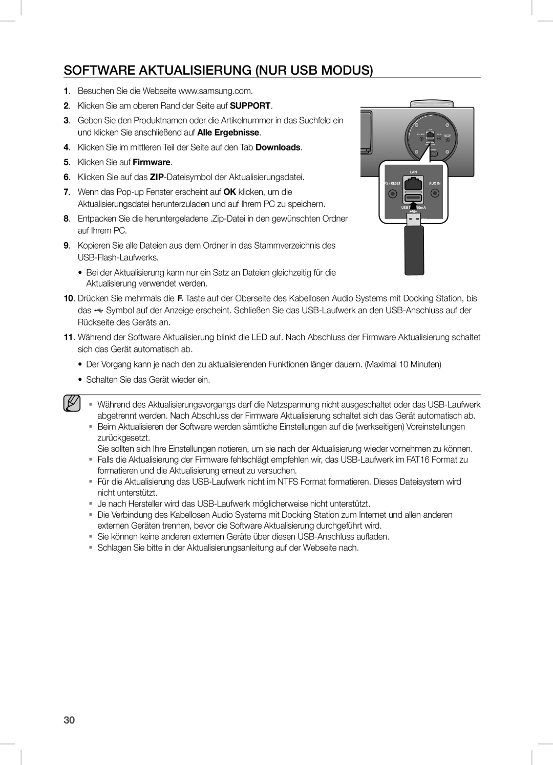 Samsung DA-E750/XN, DA-E750/EN, DA-E751/EN, DA-E750/ZF, DA-E751/XE, DA-E750/XE manual SOFTWARe AKTUALiSieRUnG nUR USB Modus 