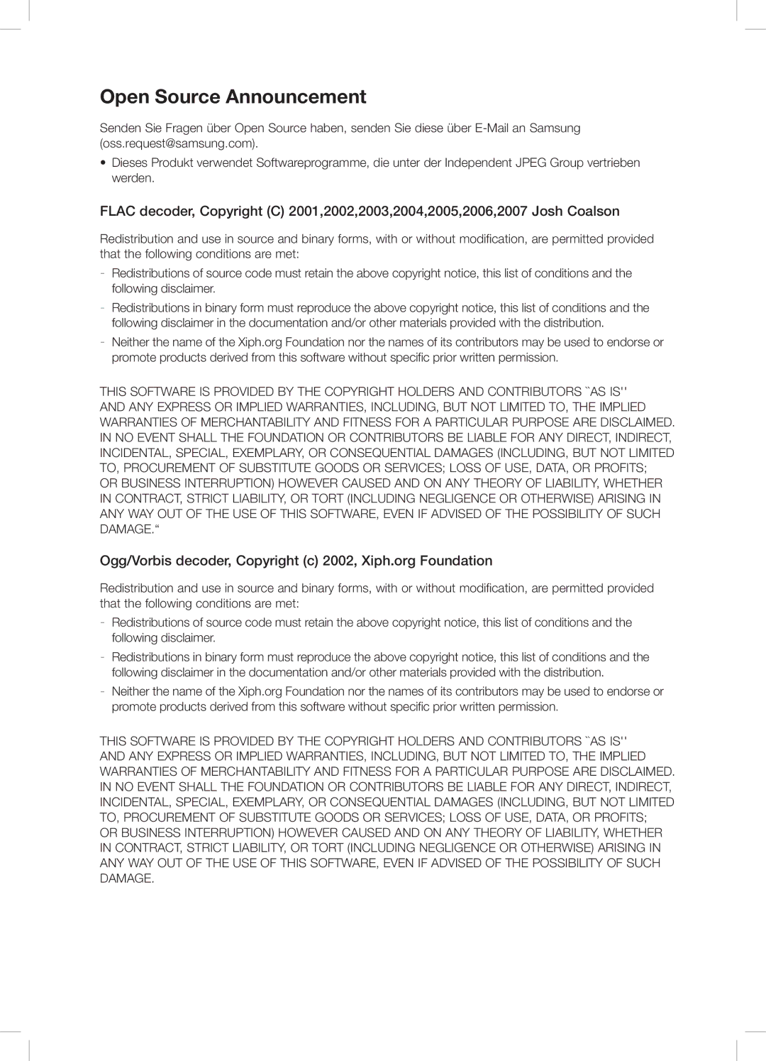 Samsung DA-E751/EN, DA-E750/EN, DA-E750/XN, DA-E750/ZF manual Open Source Announcement 