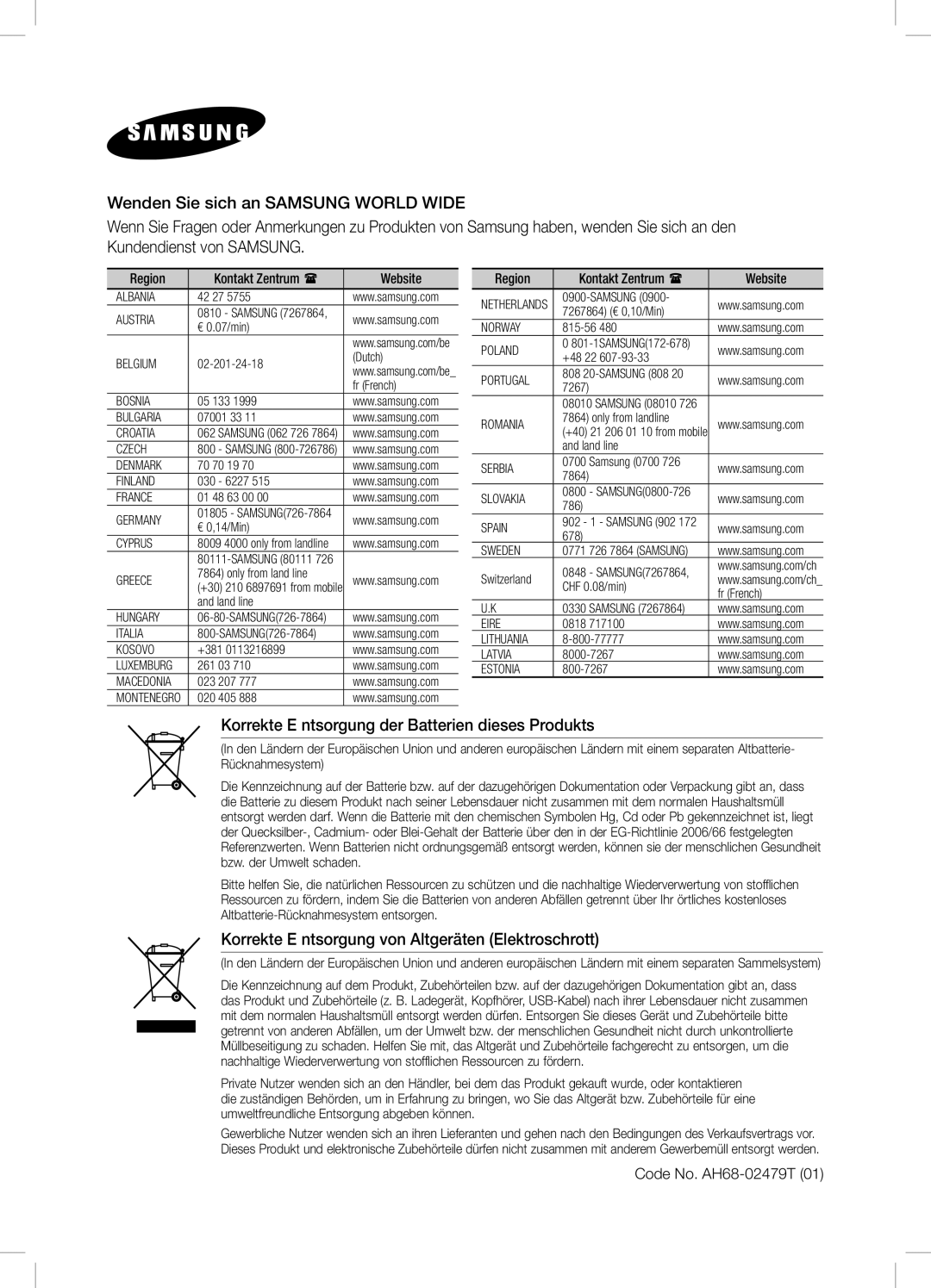 Samsung DA-E750/XN, DA-E750/EN, DA-E751/EN, DA-E750/ZF manual Korrekte E ntsorgung der Batterien dieses Produkts 