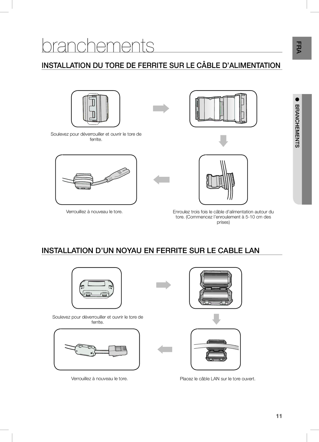 Samsung DA-E750/ZF, DA-E750/EN, DA-E751/EN manual Branchements, InSTALLATiOn DU TORe De FeRRiTe SUR Le cÂBLe D’ALiMenTATiOn 