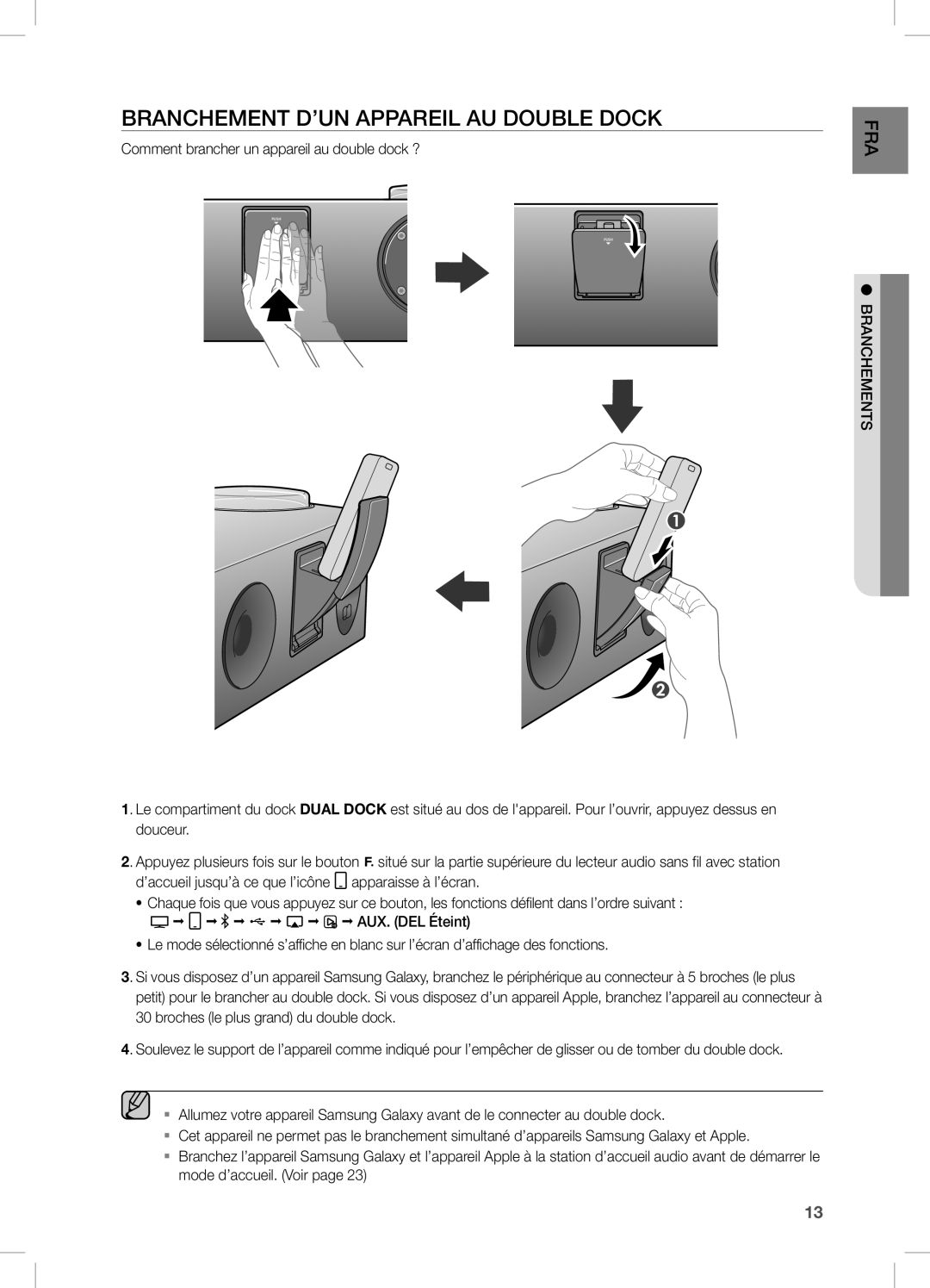 Samsung DA-E751/EN, DA-E750/EN, DA-E750/XN, DA-E750/ZF manual BRAncHeMenT D’Un APPAReiL AU DOUBLe DOcK 