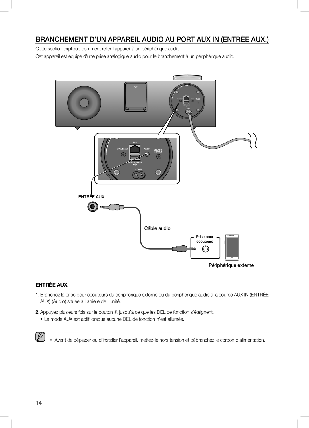 Samsung DA-E750/XN, DA-E750/EN, DA-E751/EN, DA-E750/ZF BRAncHeMenT D’Un APPAReiL AUDiO AU Port AUX in enTRÉe AUX, Entrée AUX 