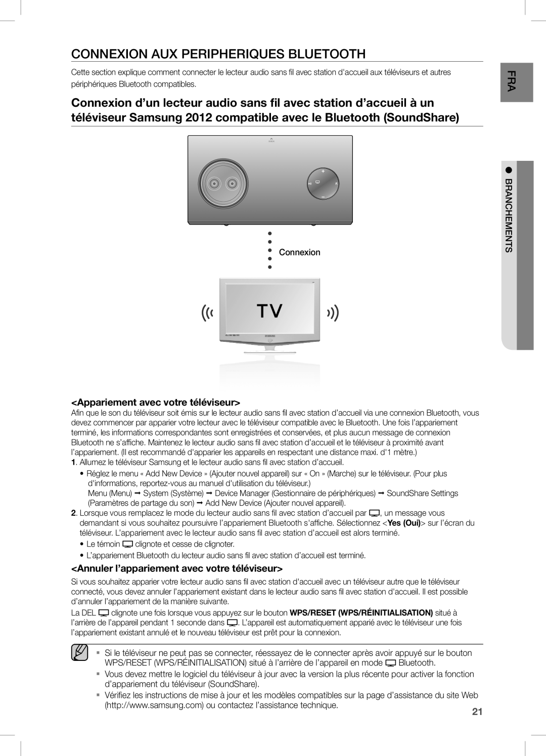 Samsung DA-E751/EN, DA-E750/EN, DA-E750/XN manual COnneXiOn AUX PeRiPHeRiQUeS BLUeTOOTH, Appariement avec votre téléviseur 