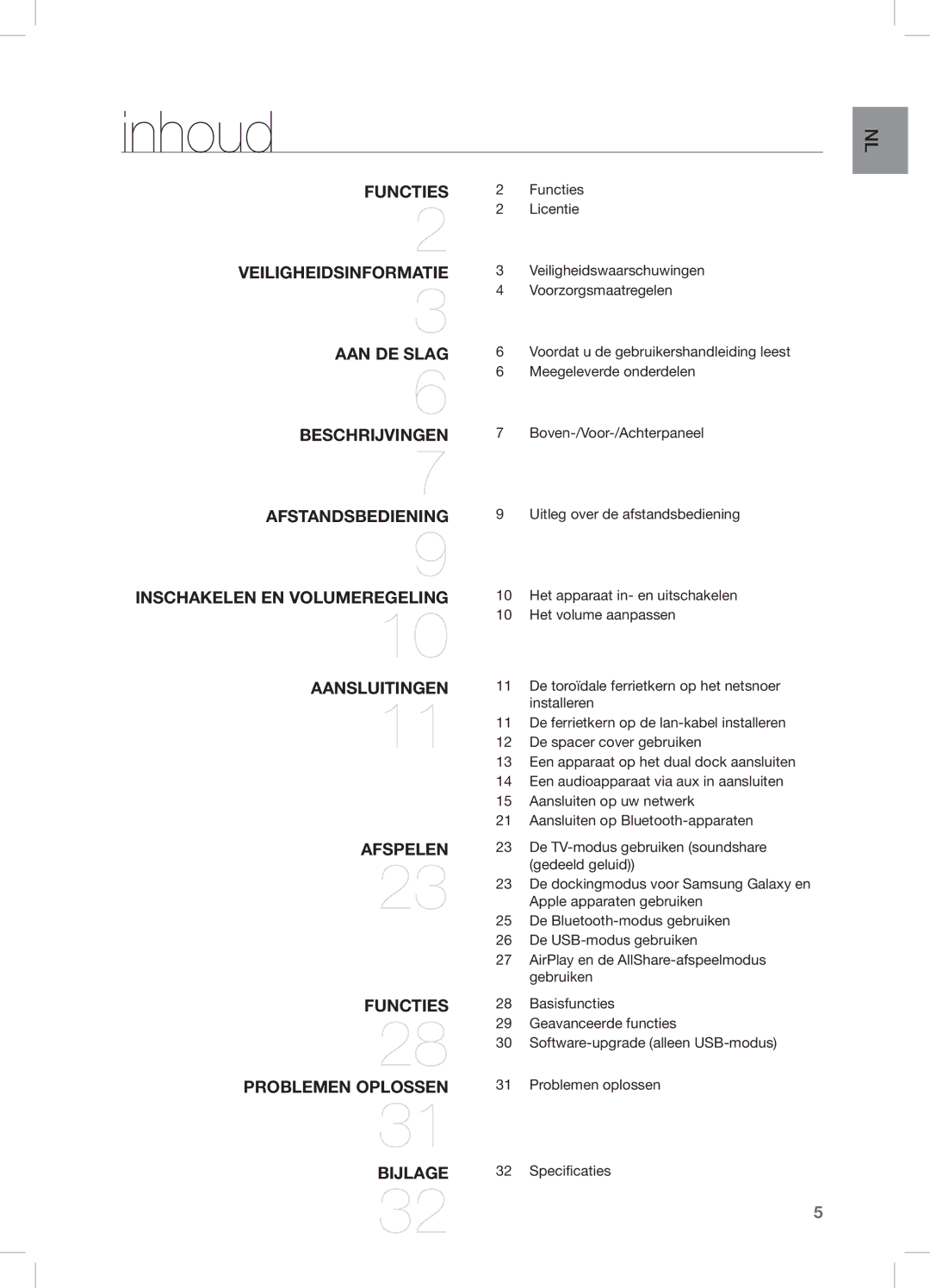 Samsung DA-E750/ZF, DA-E750/EN, DA-E751/EN, DA-E750/XN Inhoud, Aansluitingen Afspelen Functies Problemen Oplossen Bijlage 