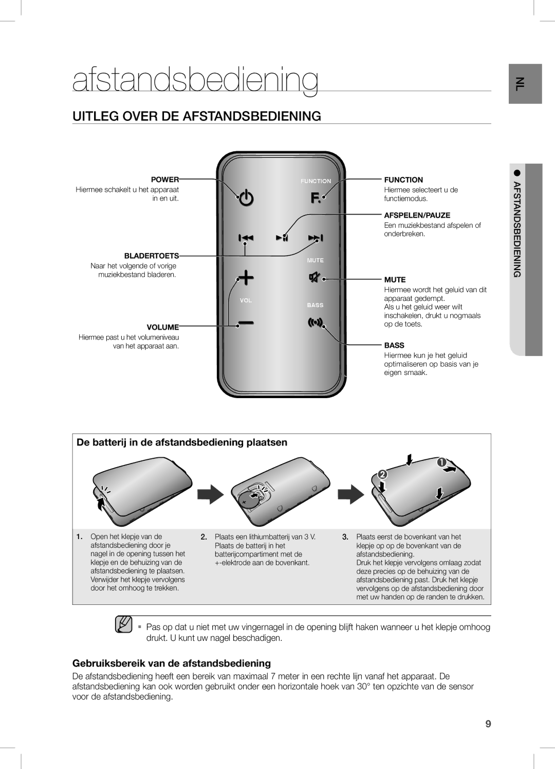 Samsung DA-E750/ZF, DA-E750/EN manual Uitleg Over DE Afstandsbediening, De batterij in de afstandsbediening plaatsen 