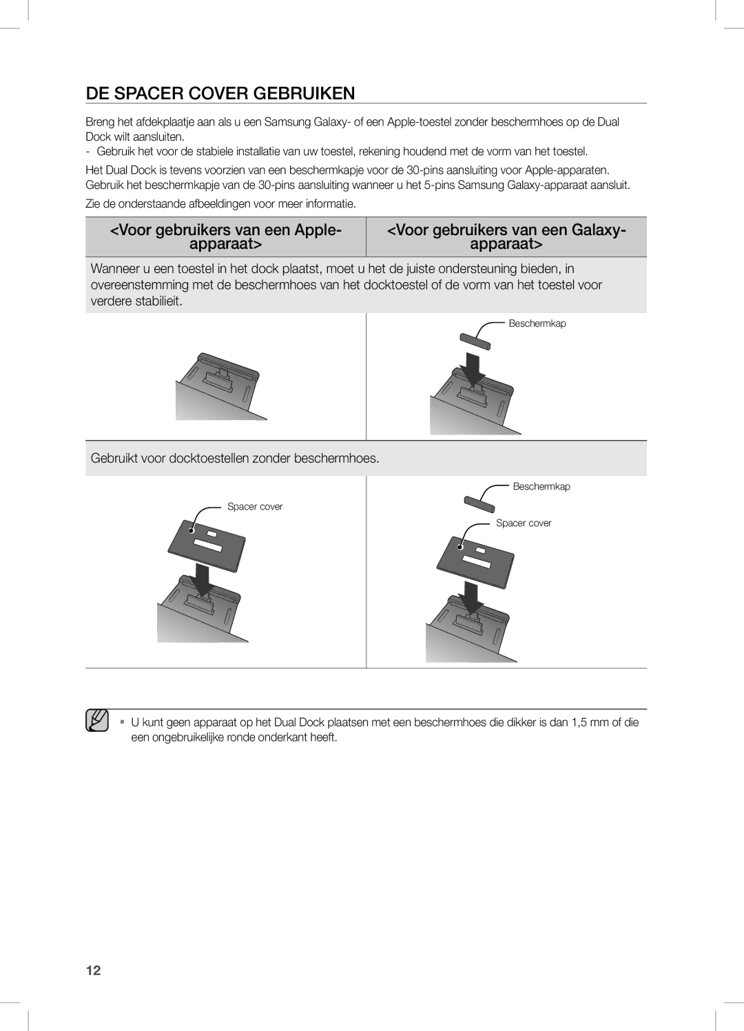 Samsung DA-E750/XN, DA-E750/EN, DA-E751/EN manual De SPAceR cOVeR GeBRUiKen, Gebruikt voor docktoestellen zonder beschermhoes 