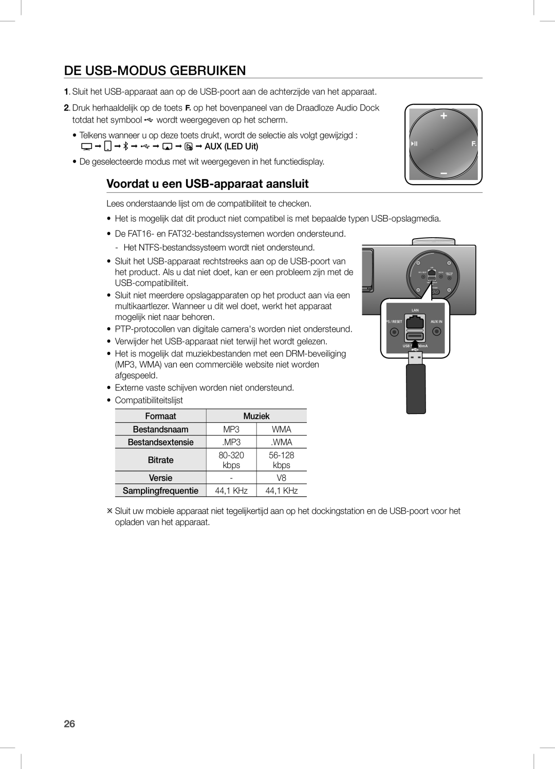 Samsung DA-E750/EN, DA-E751/EN, DA-E750/XN, DA-E750/ZF manual De USB-MODUS GeBRUiKen, Voordat u een USB-apparaat aansluit 