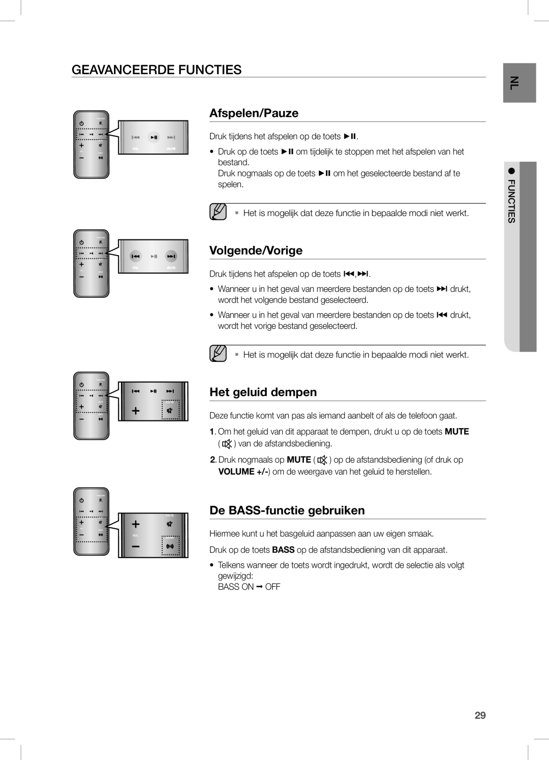 Samsung DA-E750/ZF, DA-E750/EN, DA-E751/EN, DA-E750/XN Geavanceerde Functies, Het geluid dempen, De BASS-functie gebruiken 