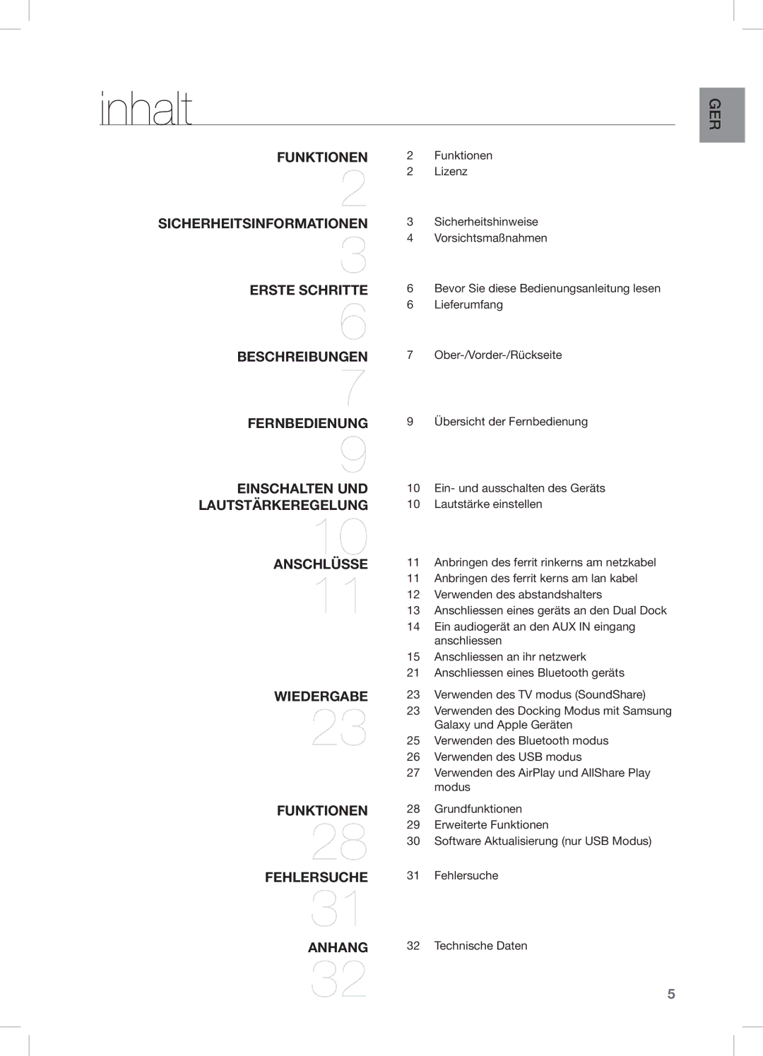 Samsung DA-E751/EN, DA-E750/EN, DA-E750/XN, DA-E750/ZF manual Inhalt, Funktionen 