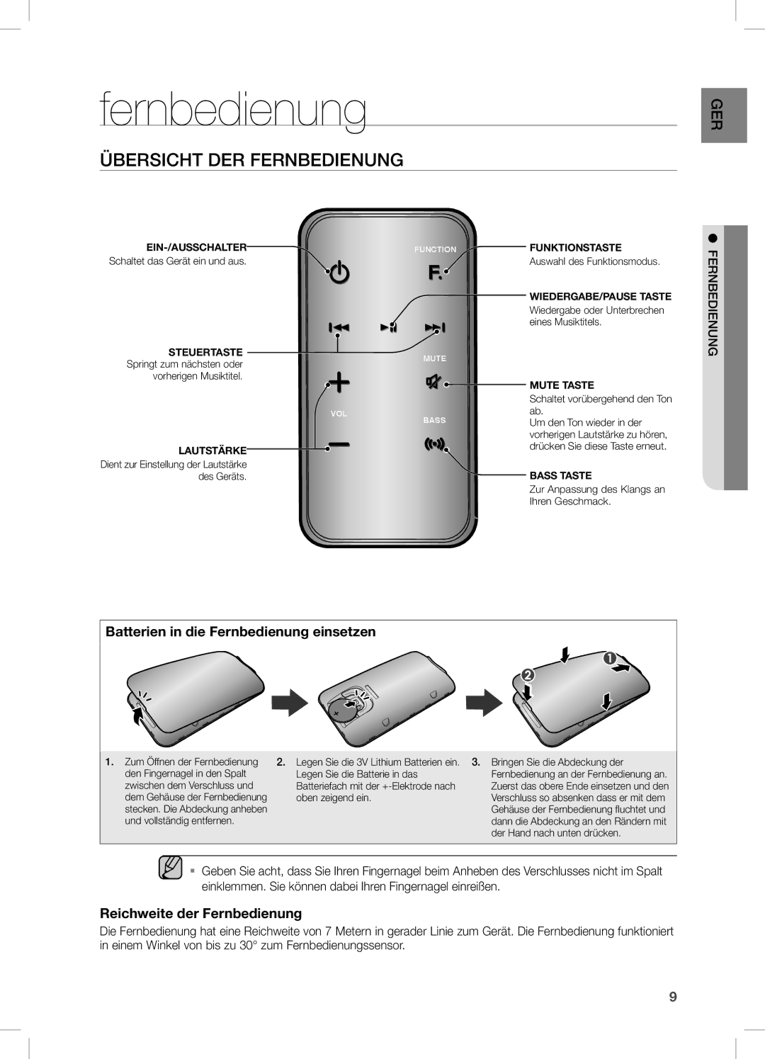 Samsung DA-E751/EN Übersicht DER Fernbedienung, Batterien in die Fernbedienung einsetzen, Reichweite der Fernbedienung 