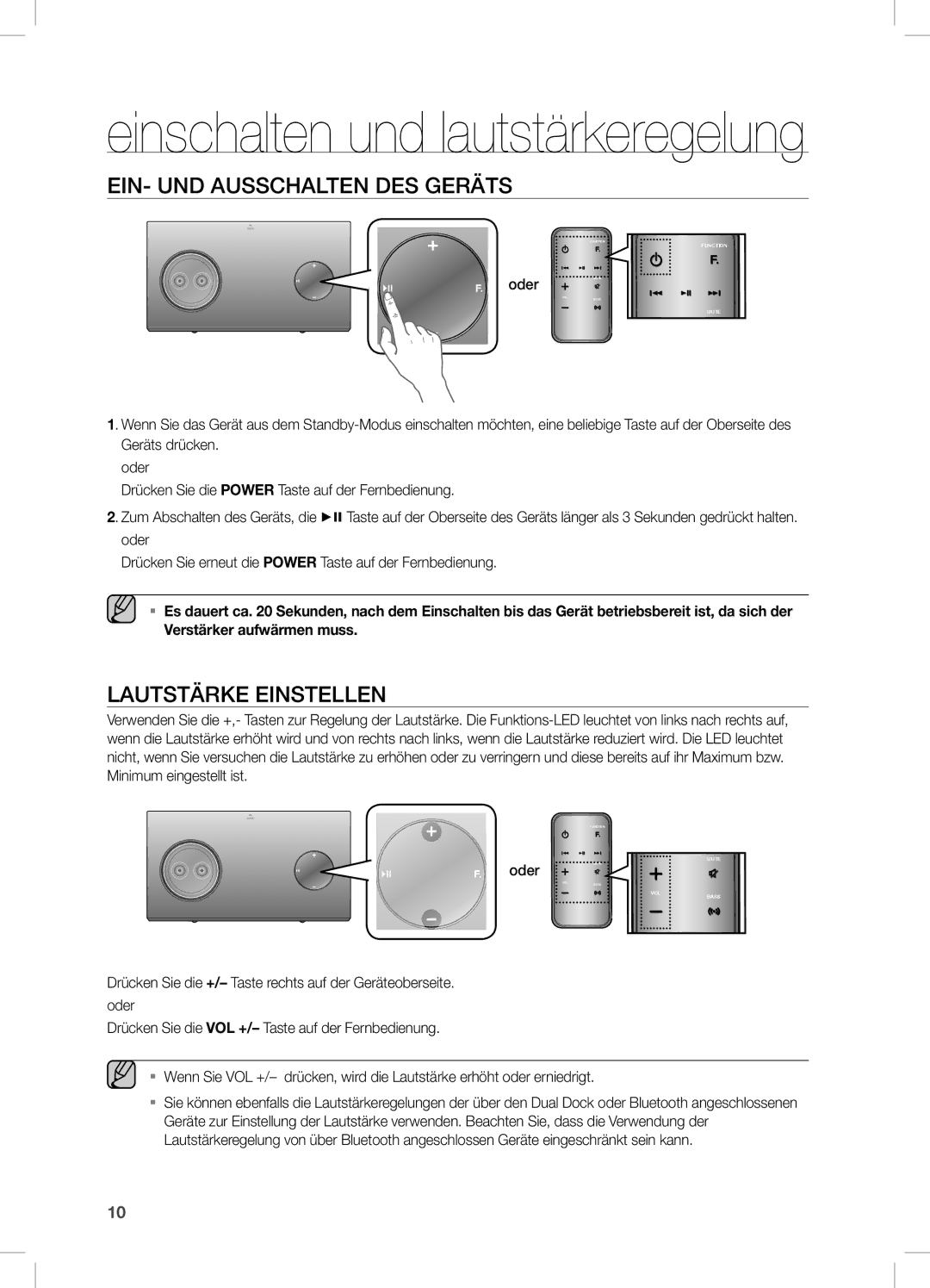 Samsung DA-E750/XN, DA-E750/EN, DA-E751/EN, DA-E750/ZF manual Ein- UnD AUSSCHALTen DeS GeRÄTS, LAUTSTÄRKe einSTeLLen 