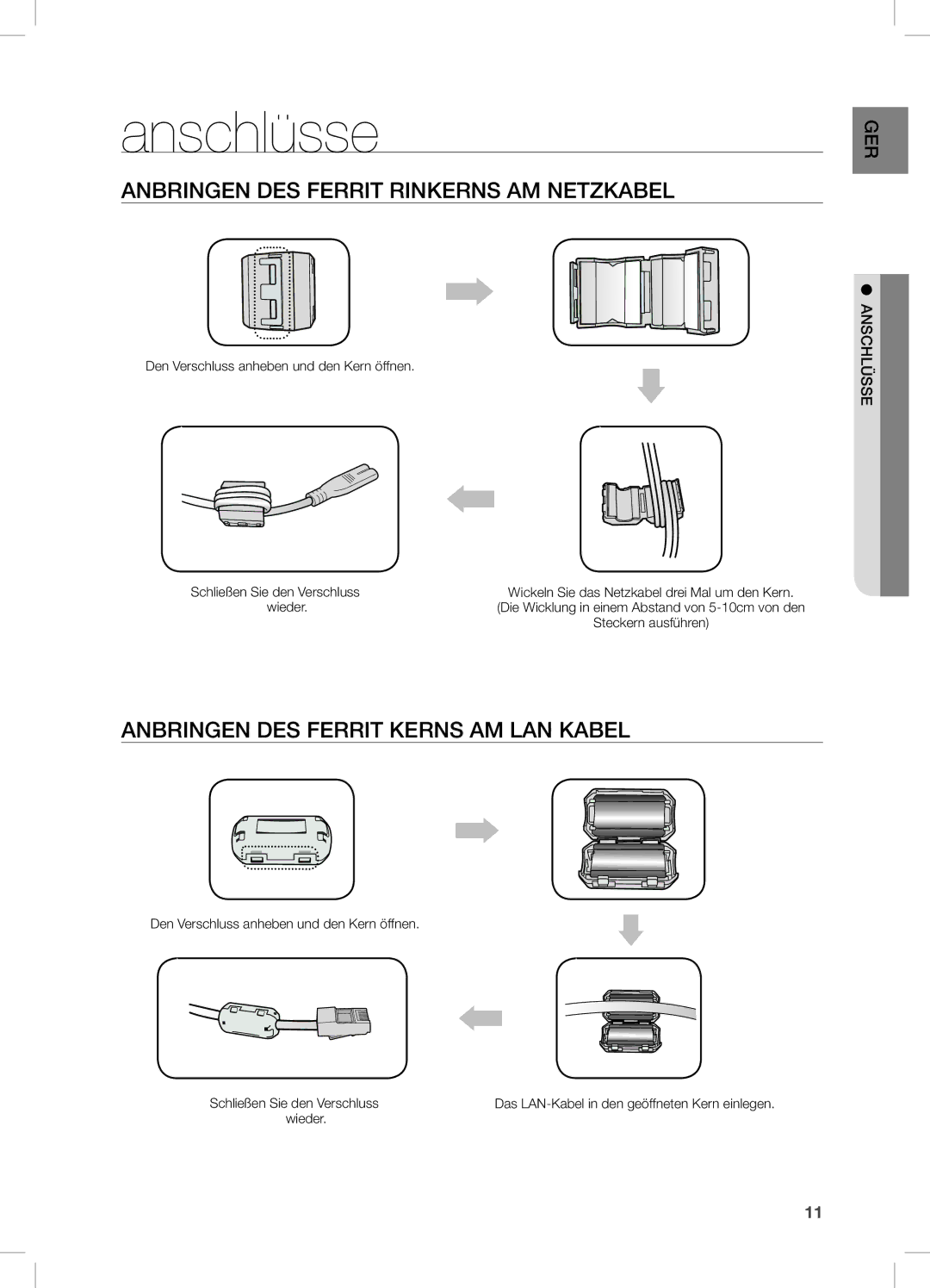 Samsung DA-E750/ZF manual Anschlüsse, AnBRinGen DeS FeRRiT RinKeRnS AM neTzKABeL, AnBRinGen DeS FeRRiT KeRnS AM LAn KABeL 