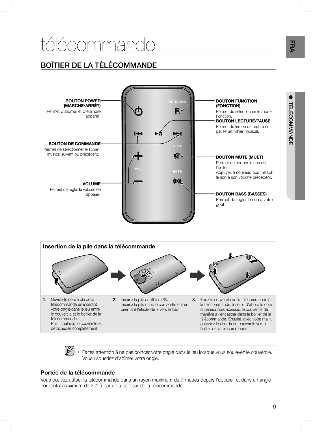 Samsung DA-E751/EN Boîtier DE LA Télécommande, Insertion de la pile dans la télécommande, Portée de la télécommande 