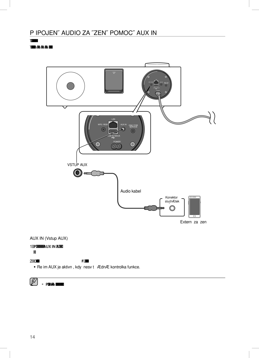 Samsung DA-E750/EN, DA-E751/EN, DA-E751/XE manual PŘiPOJenÍ AUDiO ZAŘÍZenÍ POMOcÍ AUX, Externí zařízení, AUX in Vstup AUX 