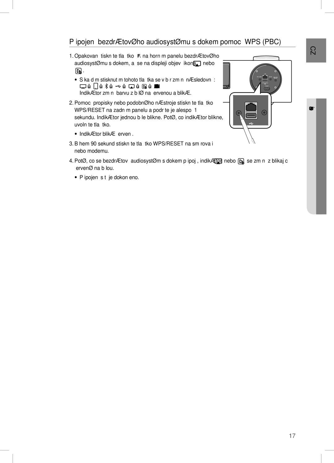 Samsung DA-E750/XE manual Připojení bezdrátového audiosystému s dokem pomocí WPS PBC, Nebo se změní z blikající PŘiPOJenÍ 