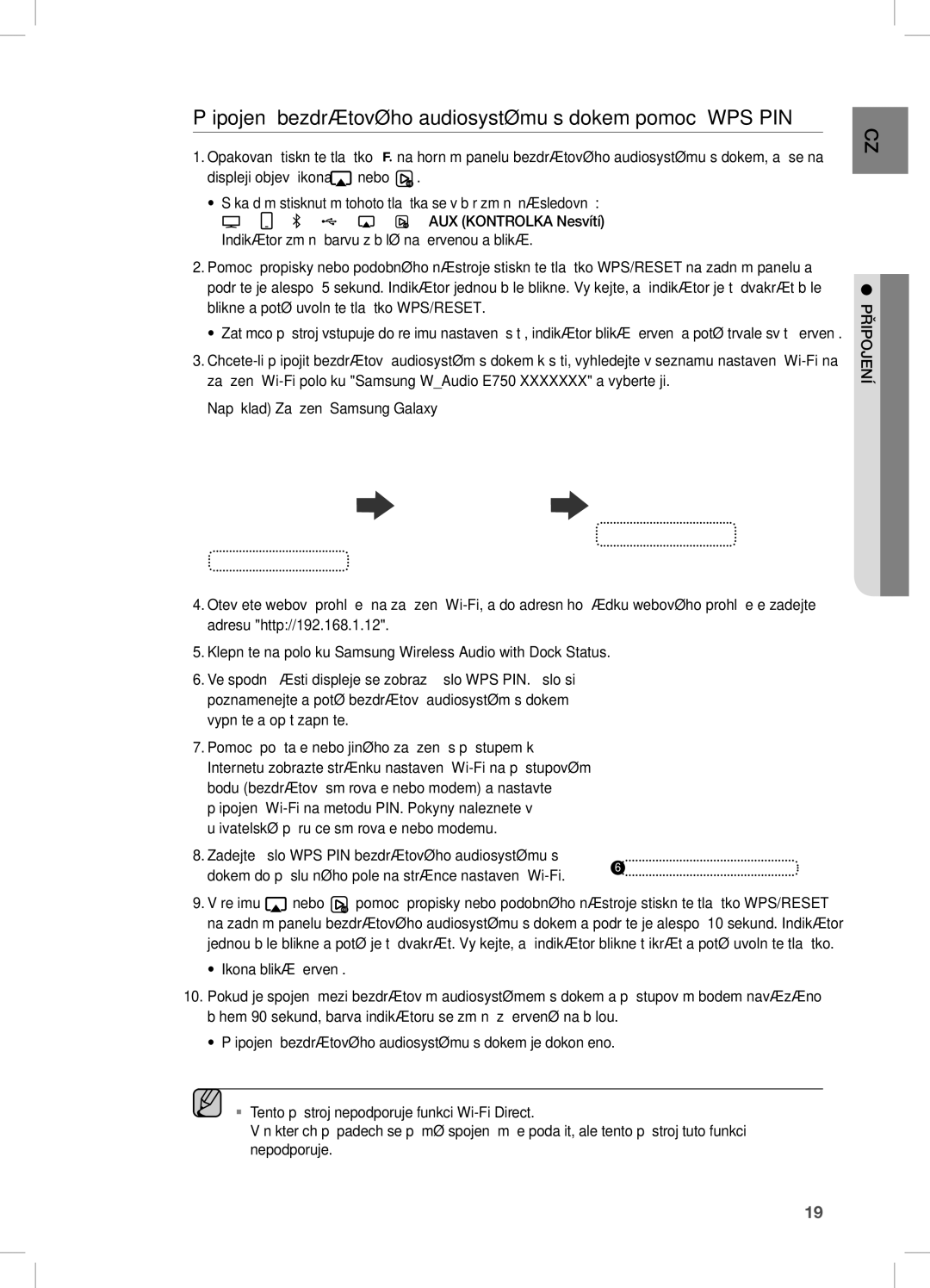 Samsung DA-E751/EN, DA-E750/EN, DA-E751/XE, DA-E750/XE manual Připojení bezdrátového audiosystému s dokem pomocí WPS PIN 