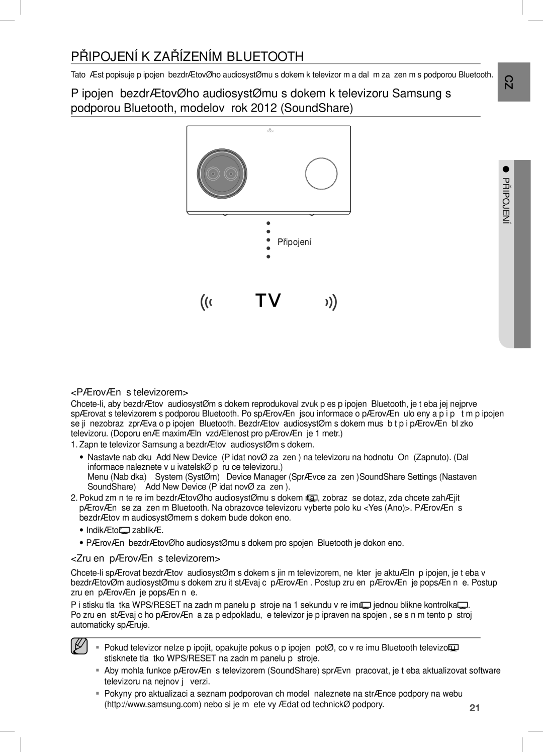 Samsung DA-E750/XE, DA-E750/EN PŘiPOJenÍ K ZAŘÍZenÍM BLUeTOOTH, Párování s televizorem, Zrušení párování s televizorem 