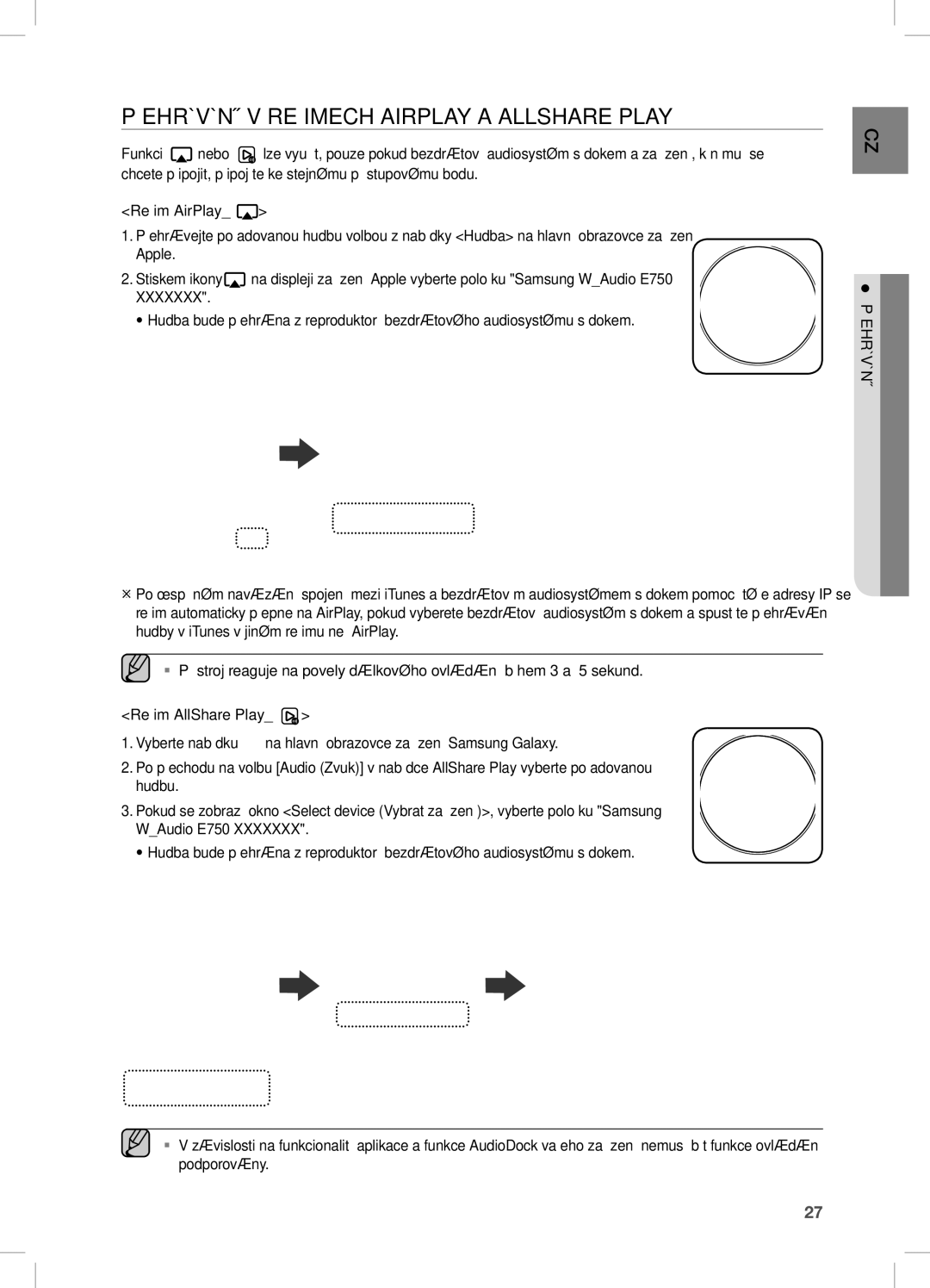 Samsung DA-E751/EN, DA-E750/EN, DA-E751/XE, DA-E750/XE manual PŘeHRÁVÁnÍ V ReŽiMecH AiRPLAY a ALLSHARe Play 