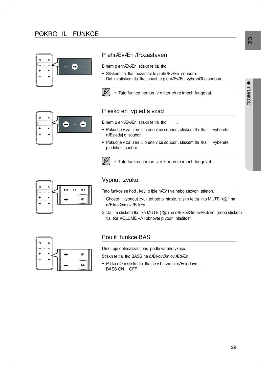 Samsung DA-E750/XE, DA-E750/EN, DA-E751/EN Pokročilé Funkce, Přeskočení vpřed a vzad, Vypnutí zvuku, Použití funkce BAS 