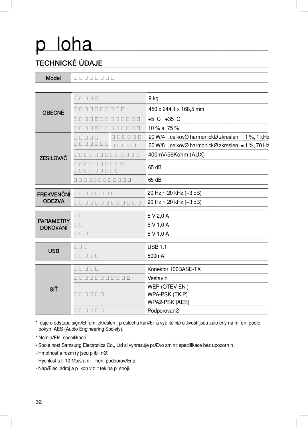 Samsung DA-E751/XE, DA-E750/EN, DA-E751/EN, DA-E750/XE manual Příloha, Technické Údaje 