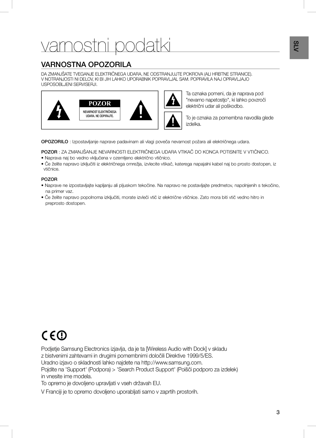 Samsung DA-E750/XE, DA-E750/EN, DA-E751/EN, DA-E751/XE manual Varnostni podatki, Varnostna Opozorila, Izdelka 