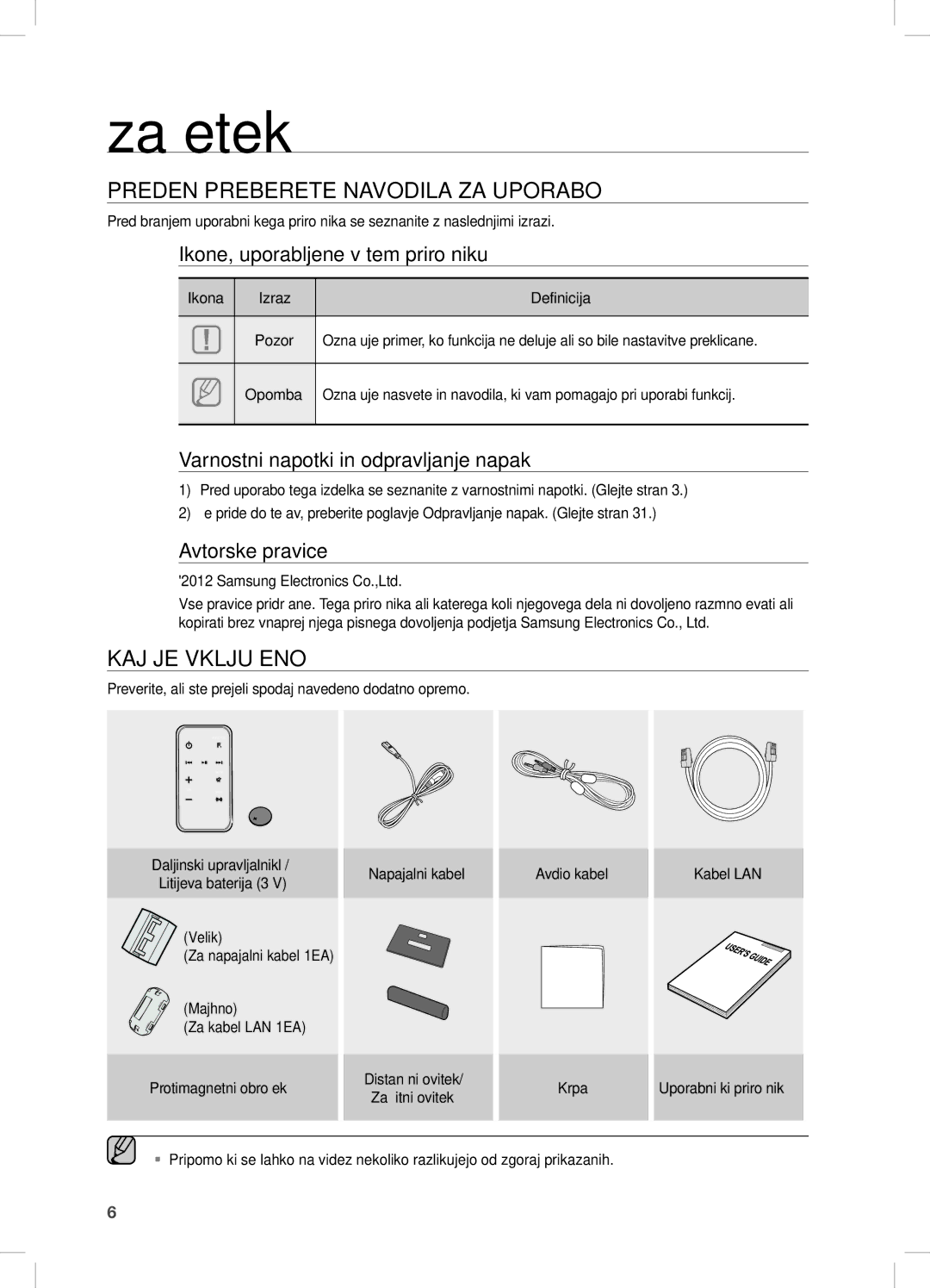 Samsung DA-E751/XE, DA-E750/EN, DA-E751/EN, DA-E750/XE manual Začetek, PReDen PReBeReTe naVODiLa Za UPORaBO, KaJ Je VKLJUČenO 