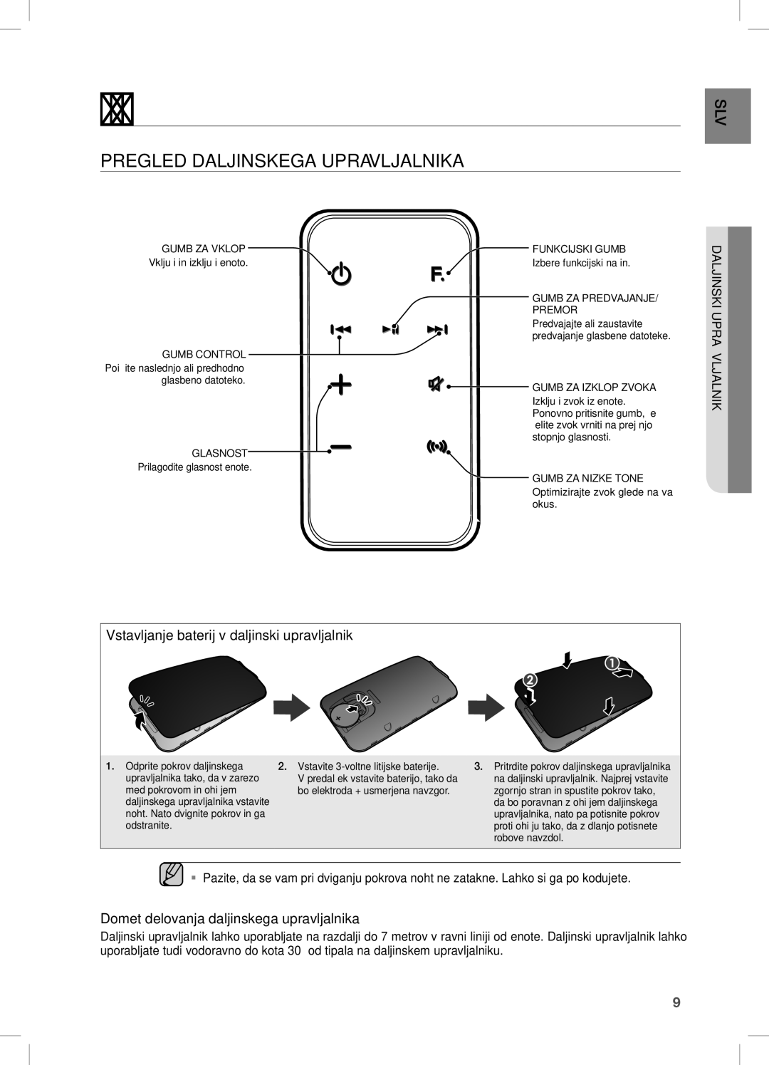 Samsung DA-E751/EN Daljinski upravljalnik, Pregled Daljinskega Upravljalnika, Vstavljanje baterij v daljinski upravljalnik 