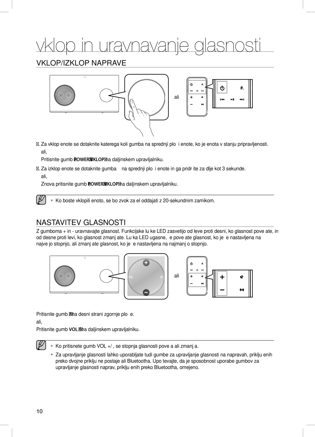 Samsung DA-E751/XE, DA-E750/EN, DA-E751/EN Vklop in uravnavanje glasnosti, VKLOP/iZKLOP naPRaVe, NaSTaViTeV GLaSnOSTi, Ali 