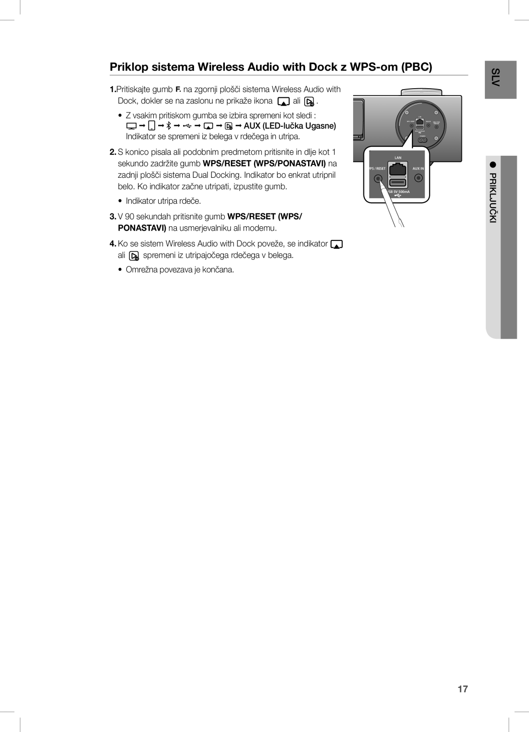 Samsung DA-E751/EN, DA-E750/EN, DA-E751/XE Priklop sistema Wireless Audio with Dock z WPS-om PBC, Indikator utripa rdeče 