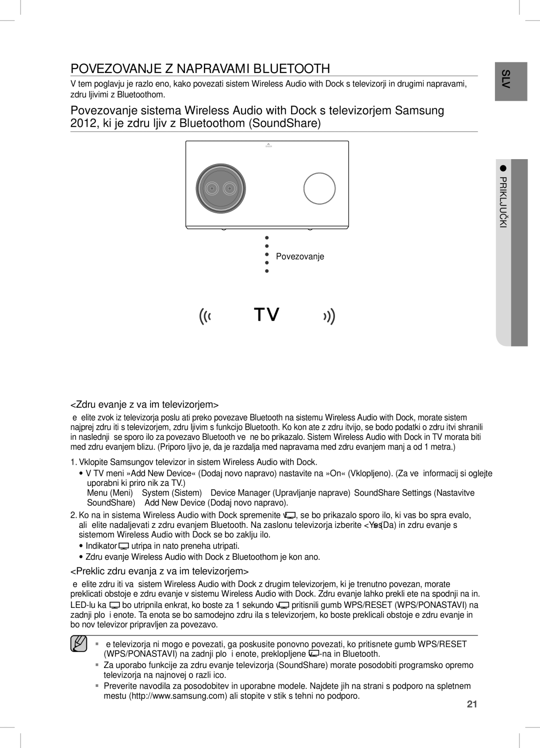 Samsung DA-E751/EN, DA-E750/EN, DA-E751/XE POVeZOVanJe Z naPRaVaMi BLUeTOOTH, Združevanje z vašim televizorjem, Povezovanje 