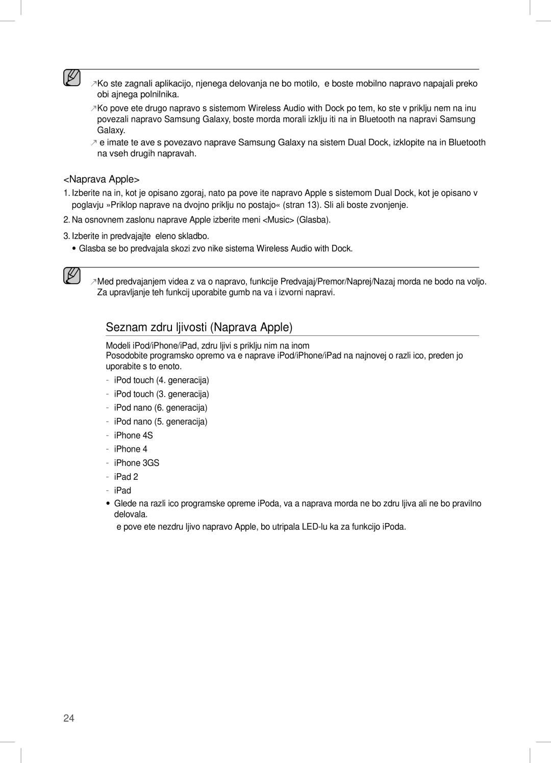 Samsung DA-E750/EN, DA-E751/EN, DA-E751/XE, DA-E750/XE manual Seznam združljivosti Naprava Apple 