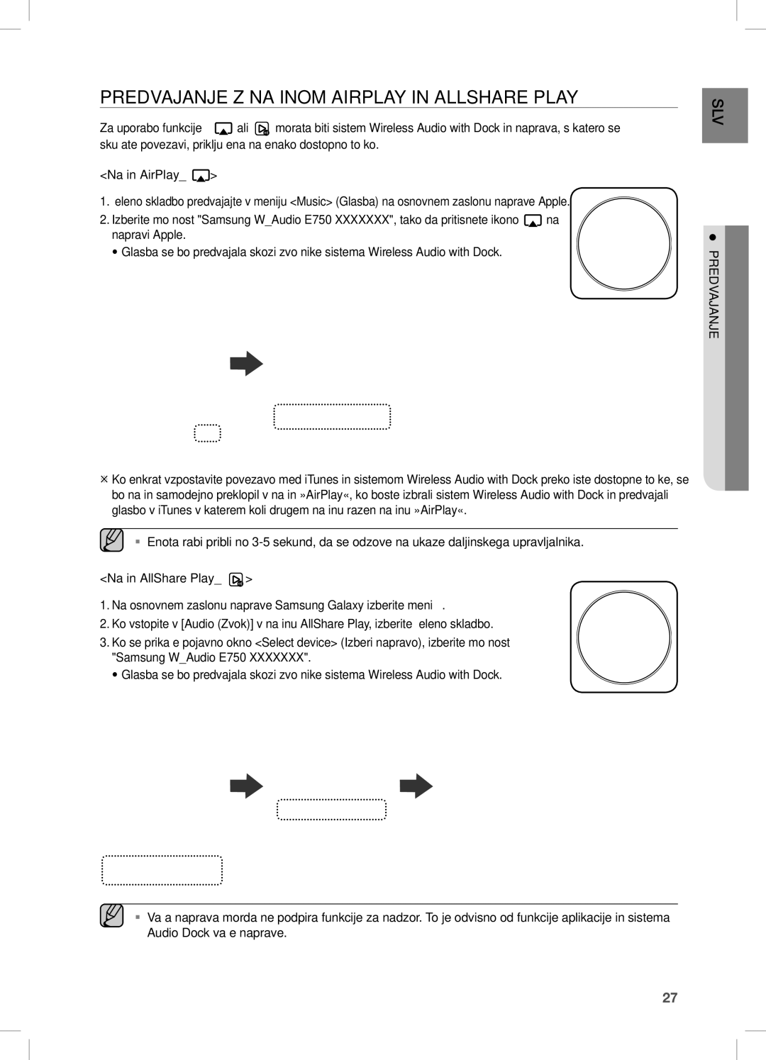 Samsung DA-E750/XE, DA-E750/EN, DA-E751/EN, DA-E751/XE manual PReDVaJanJe Z naČinOM aiRPLaY in aLLSHaRe PLaY 